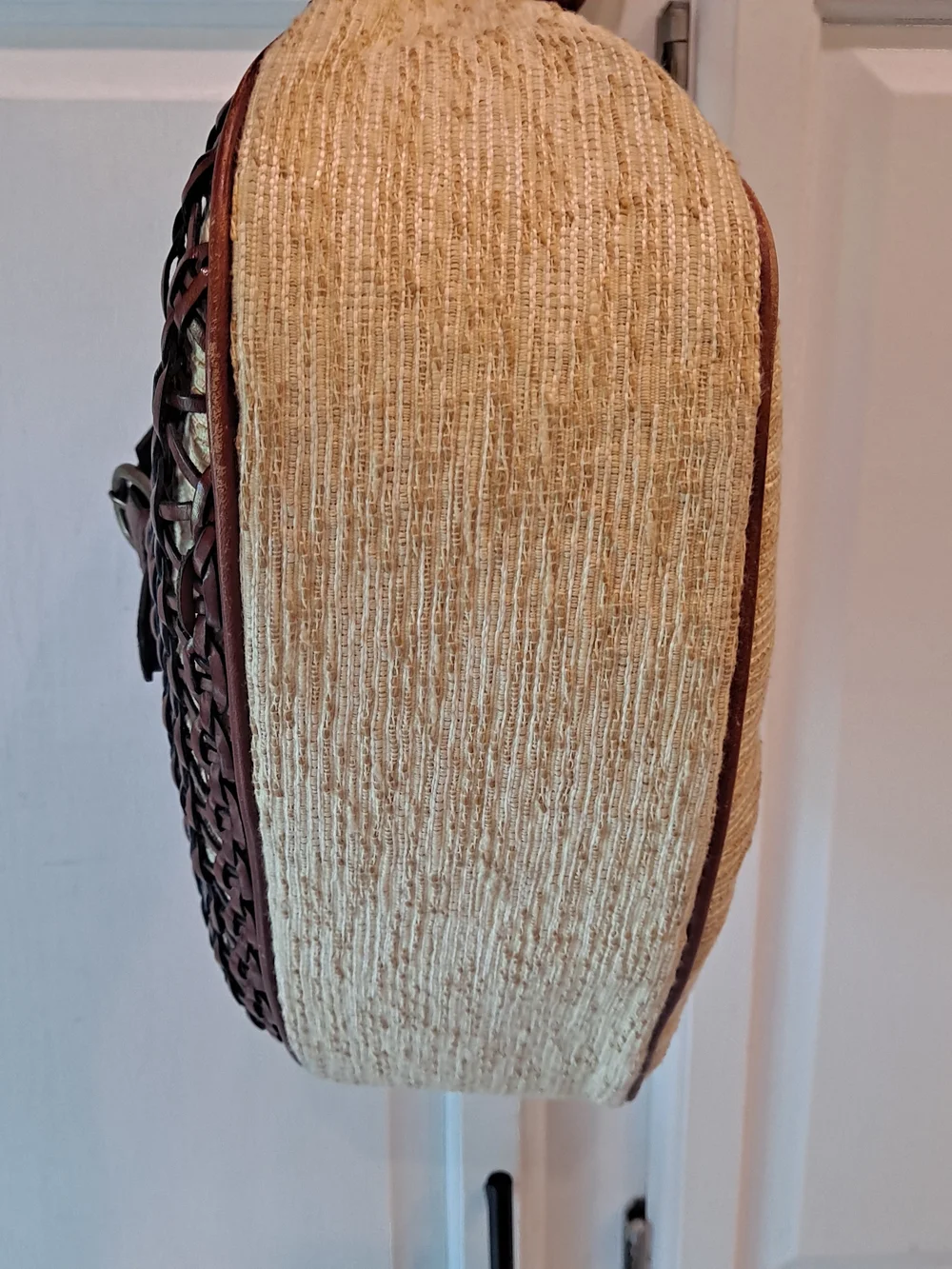 Etienne Aigner Vintage Cream Cotton Jute Brown Woven Leather Hobo Shoulder Bag